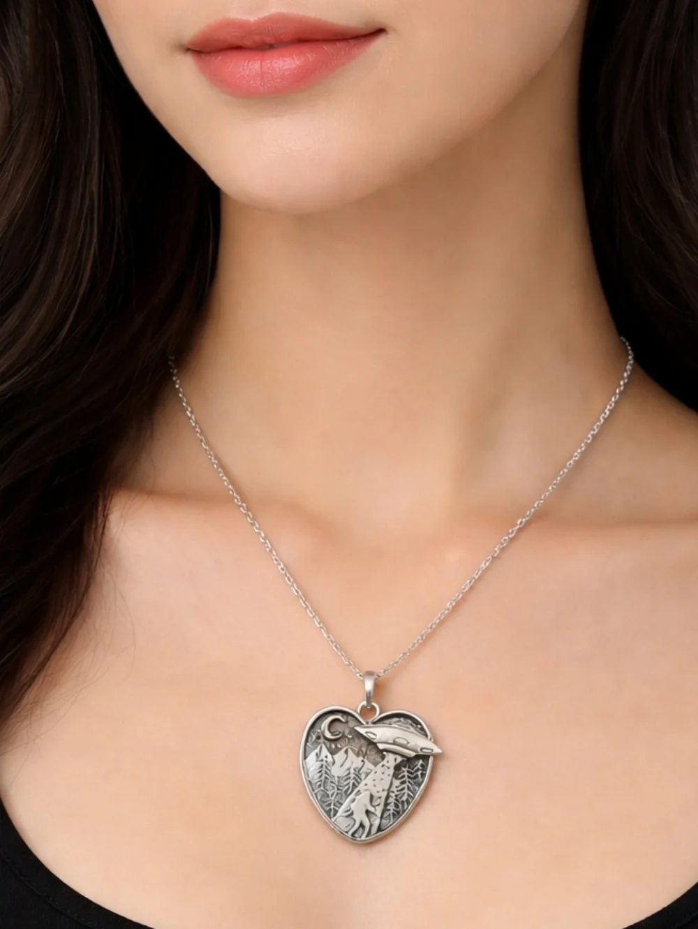 UFO Bigfoot Heart Pendant Necklace Silver Tone Sci-Fi Mystery Jewelry Sasquatch